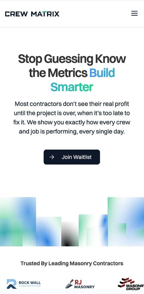 Crew Matrix — лендінг SaaS для підрядників, десктоп — мобільна версія